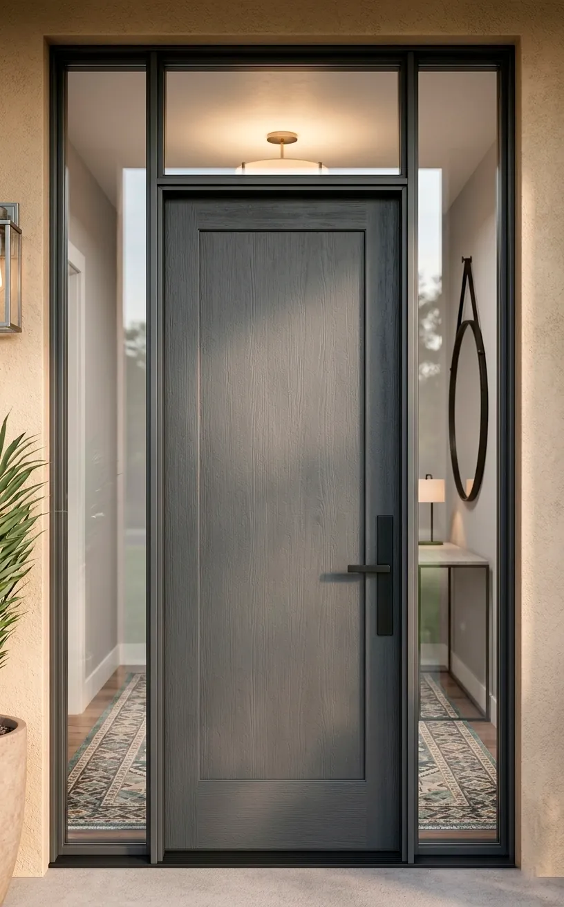Charcoal gray front door with matching full-length glass sidelights.