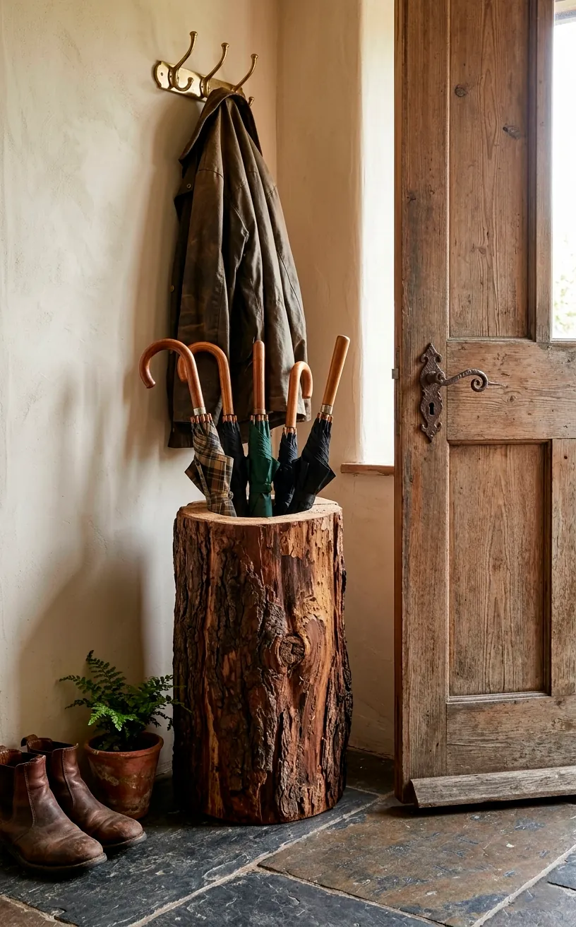 A hollowed-out cedar log used as a rustic umbrella stand in an entryway.