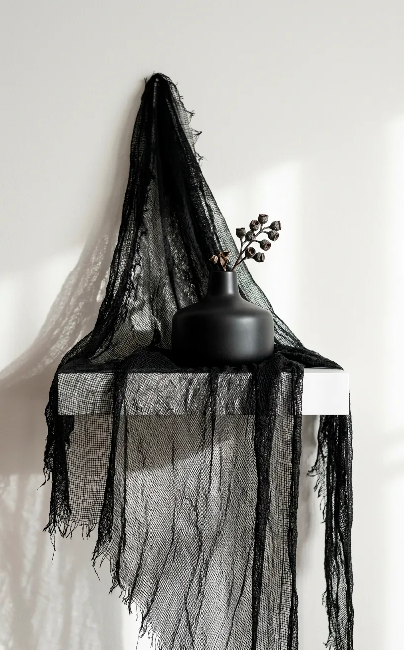 Close up of tattered black gauze fabric draped over a white minimalist shelf