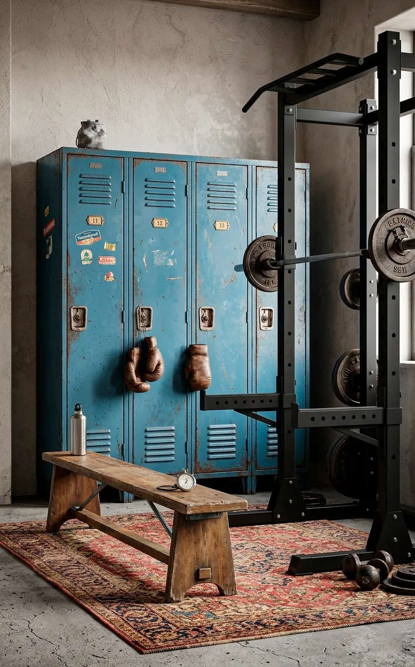 Weathered vintage blue lockers and wooden bench in a modern home gym.