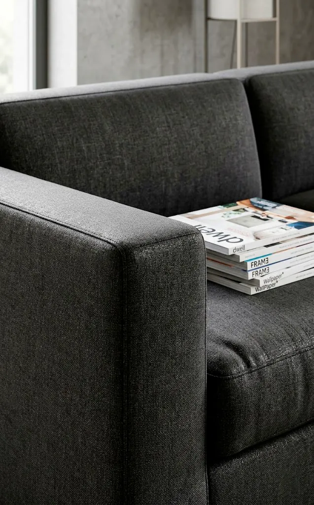 Detail shot showing the sharp lines and uniform height of an emerald velvet Tuxedo sofa.