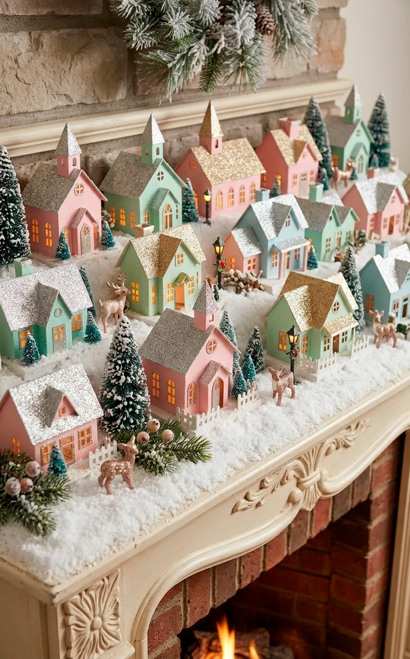 A collection of colorful glittery Putz houses on a snowy fireplace mantel.