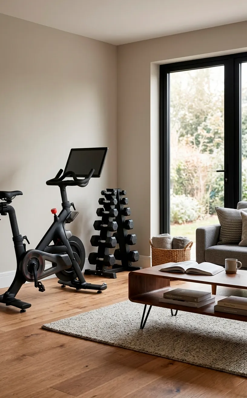 Color-coordinated home gym and living room using greige and matte black tones.