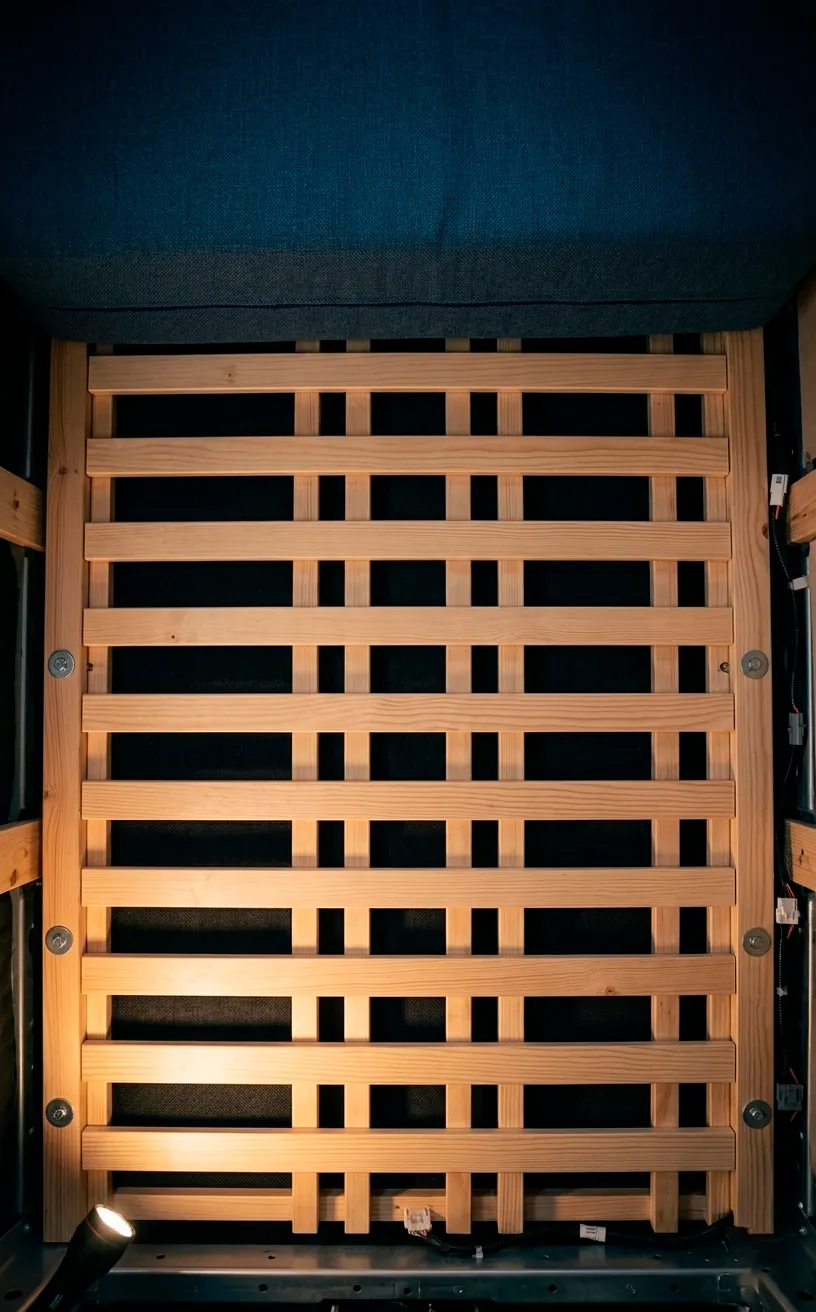 Wooden slat bed support system for van ventilation.