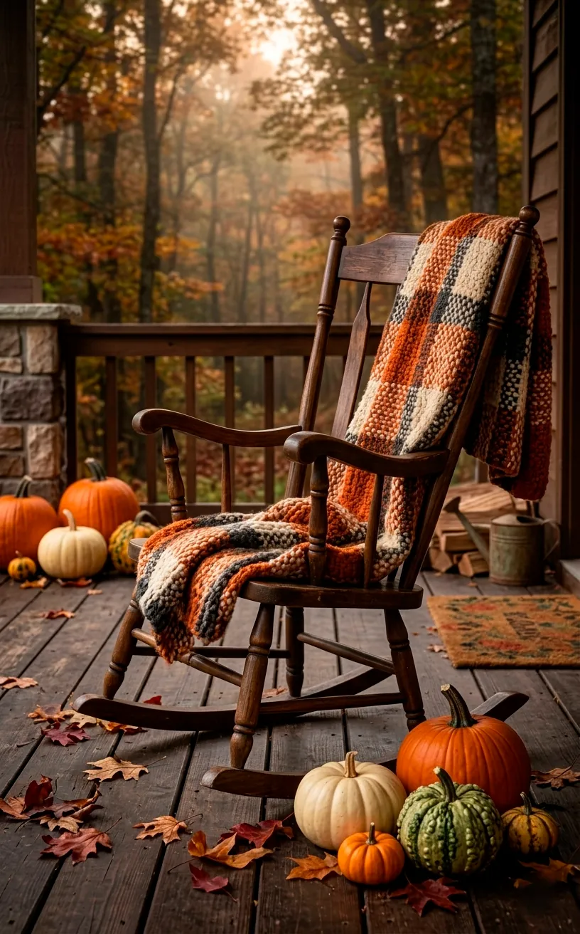 Chunky orange plaid throw blanket on a wooden rocking chair.