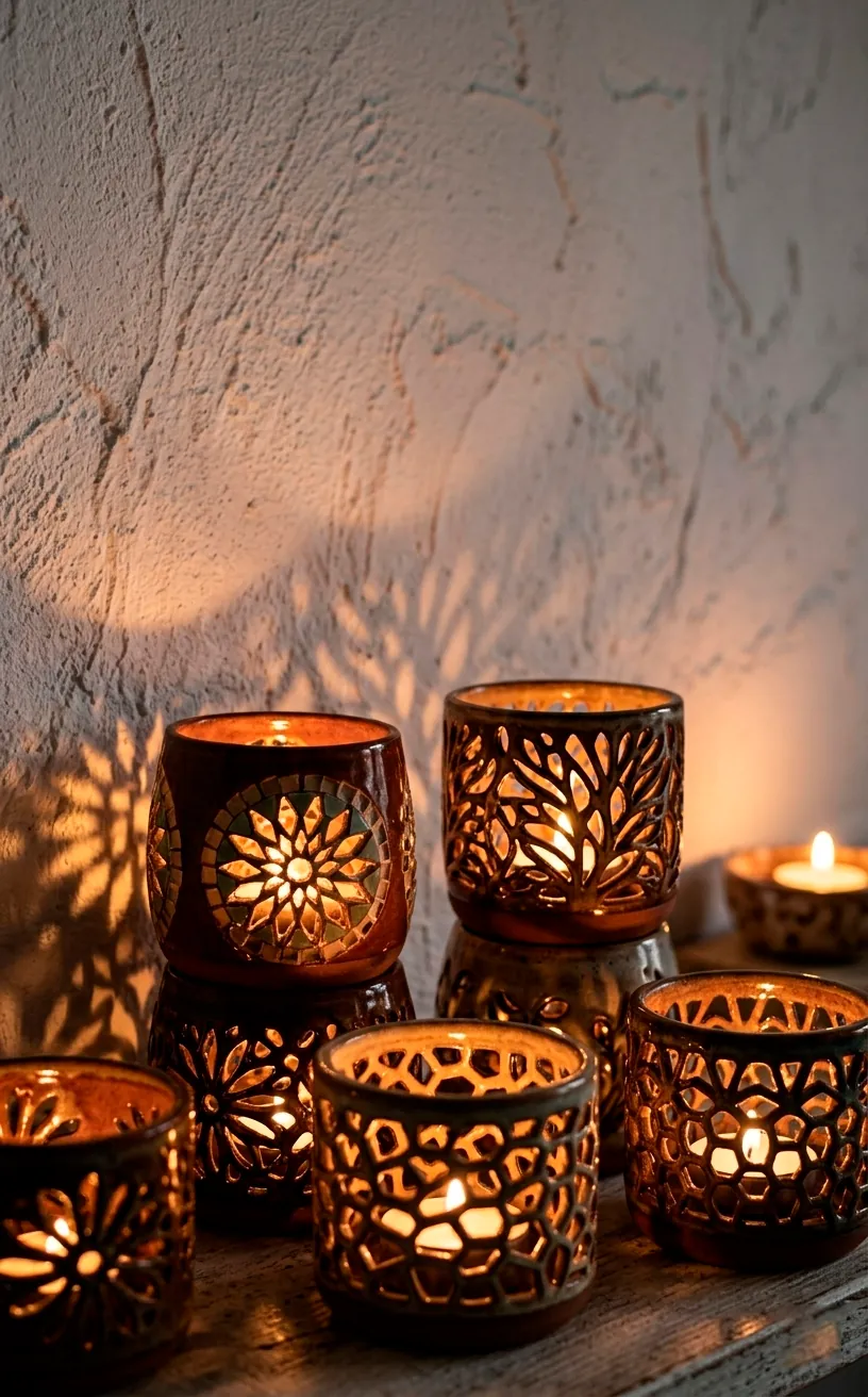 Ceramic tea light holders casting decorative shadows.