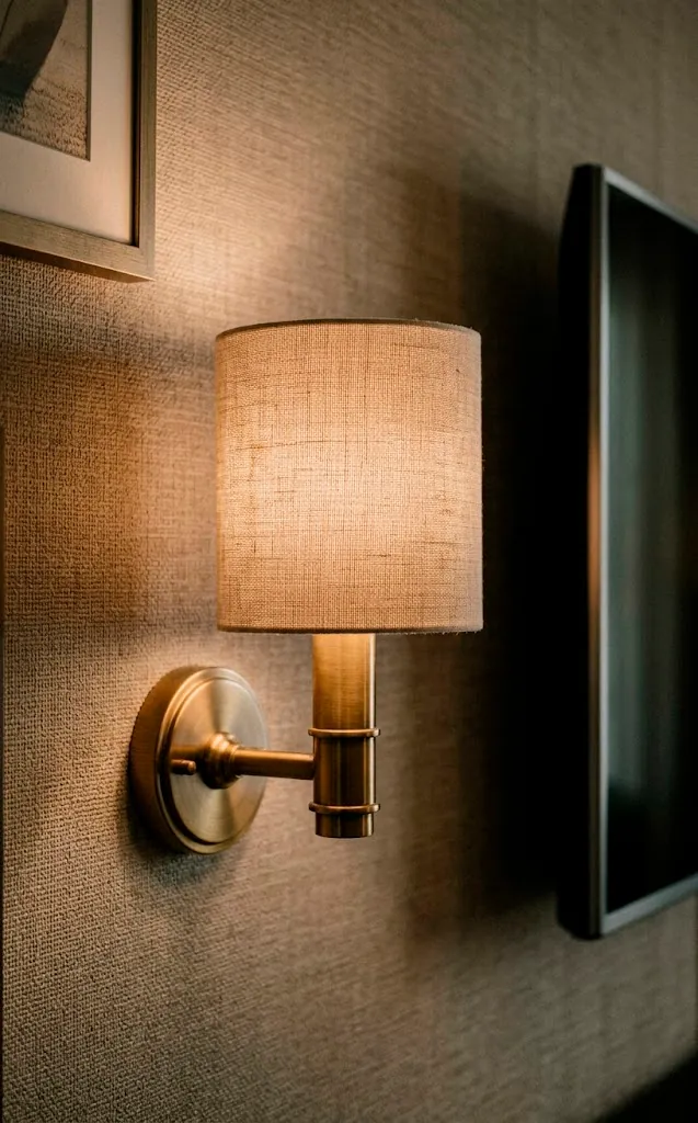 Close up of a brass wall sconce lighting a textured wall next to a TV.