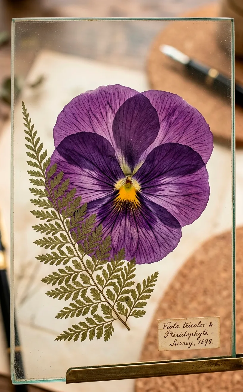 Close-up of a pressed pansy and fern leaf inside a floating glass frame.