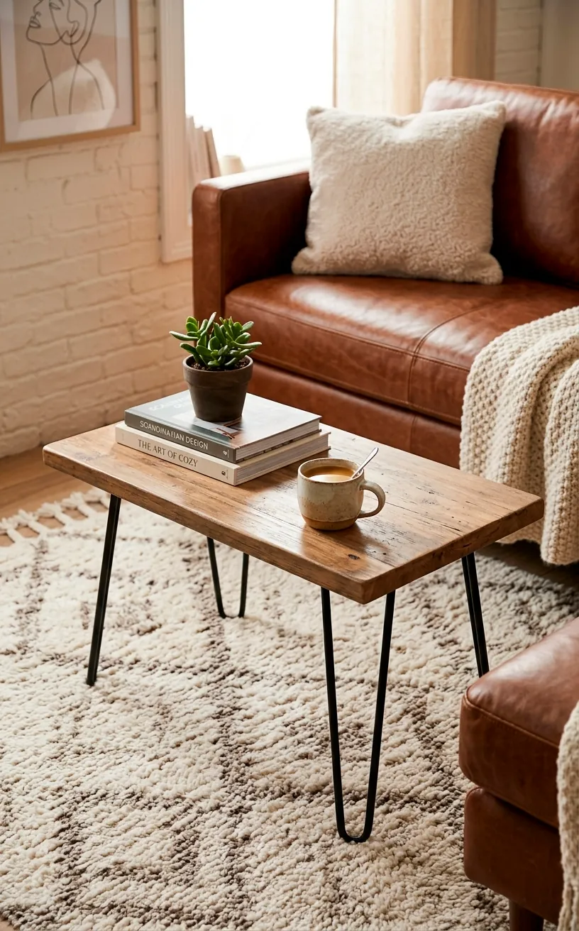 Minimalist coffee table with black hairpin legs in a modern living room setting.