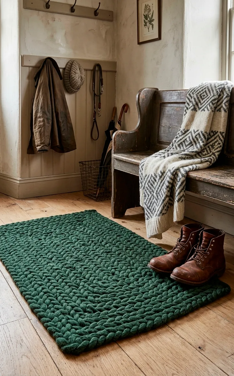 Rustic entryway with a thick braided forest green wool rug and wooden bench.
