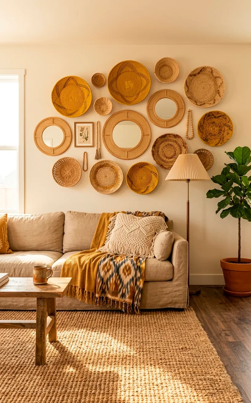 Bohemian wall decor featuring woven mustard yellow and natural straw baskets.