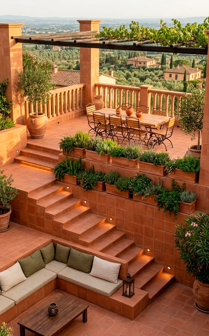 Multi-level backyard design with terracotta tiled stairs and platforms.