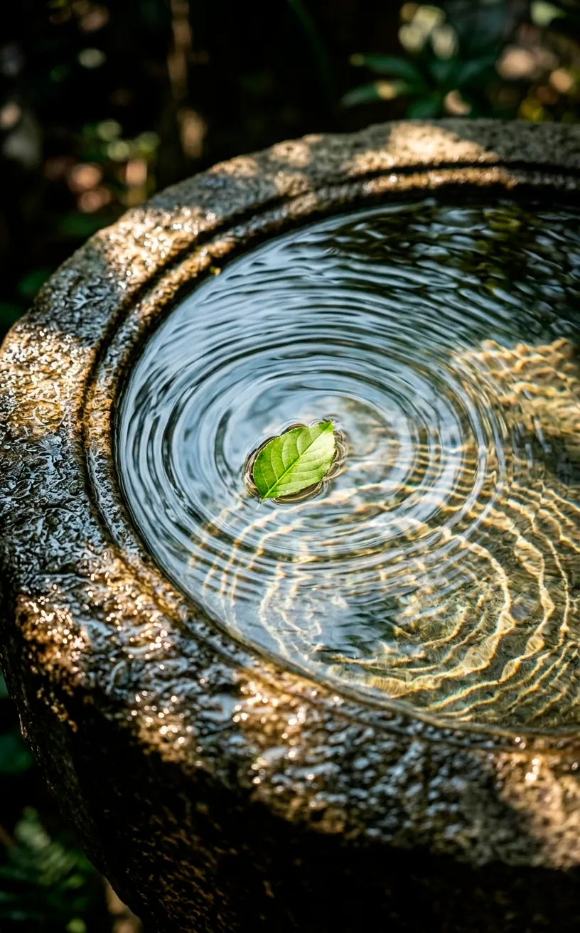Close-up of a stone water basin with sun reflections and clear water.