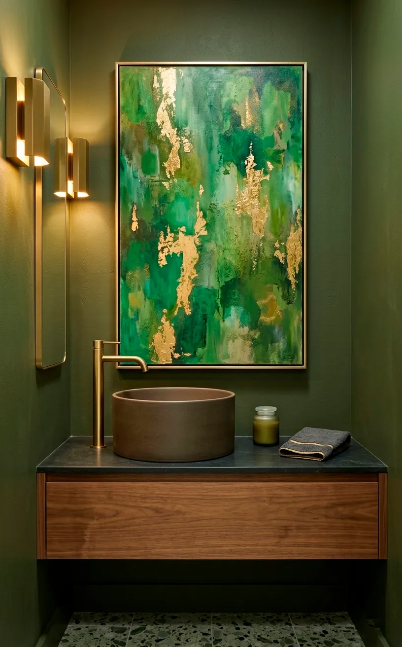 Abstract green and gold painting in a modern powder room.