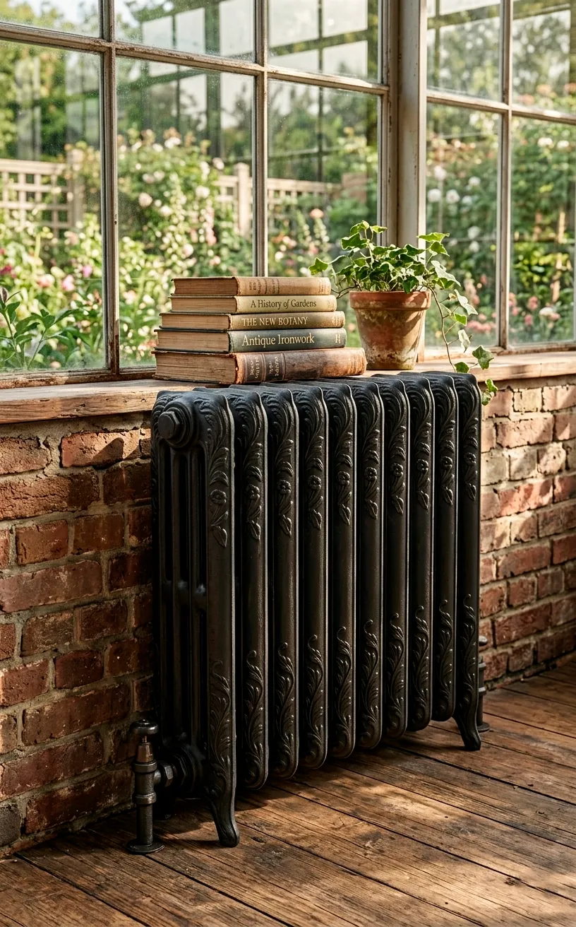 Ornate black cast iron radiator with floral carvings in a Victorian sunroom.