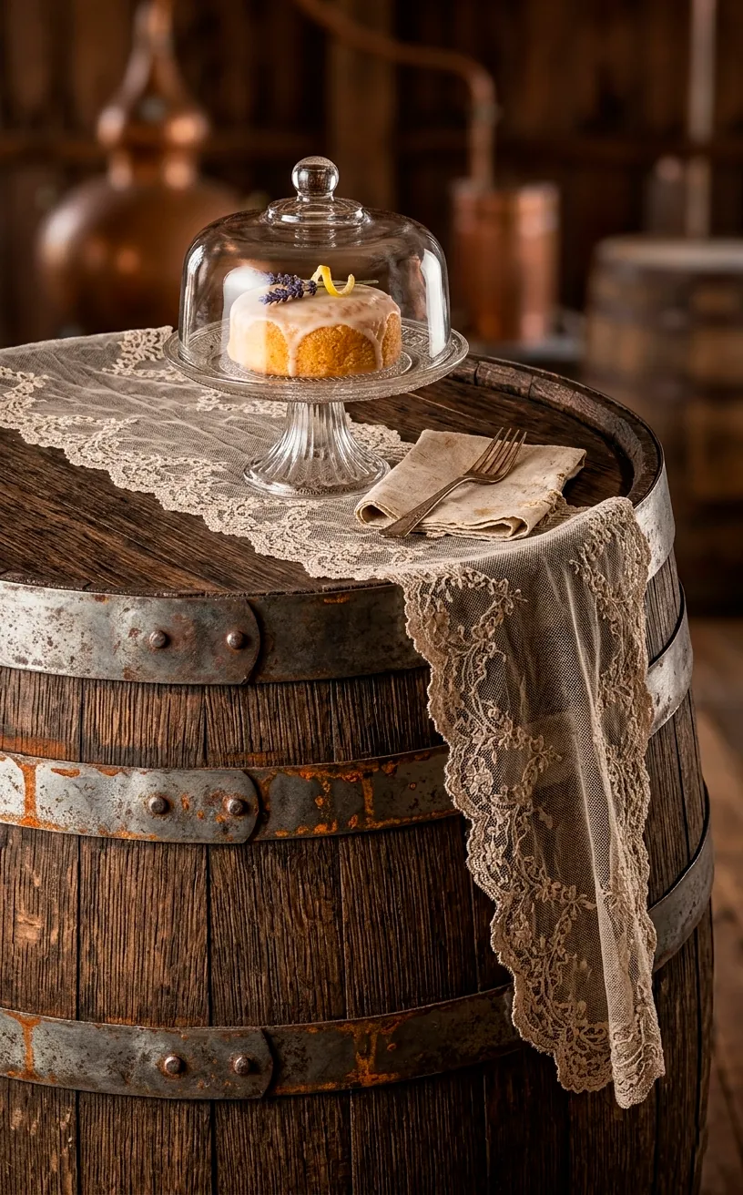 Close-up of a whiskey barrel table with lace decor and a cake stand.