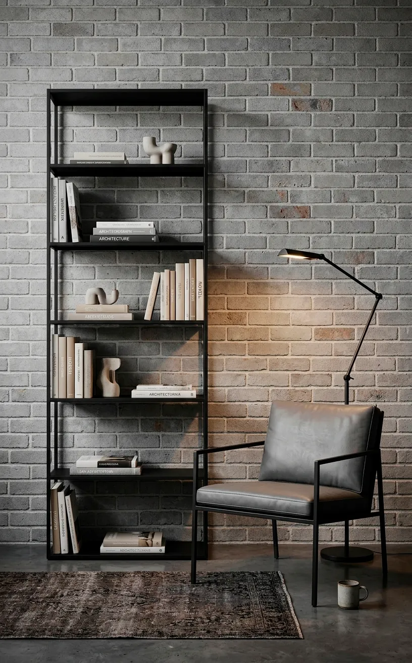 Industrial reading nook with matte black metal shelves and furniture.