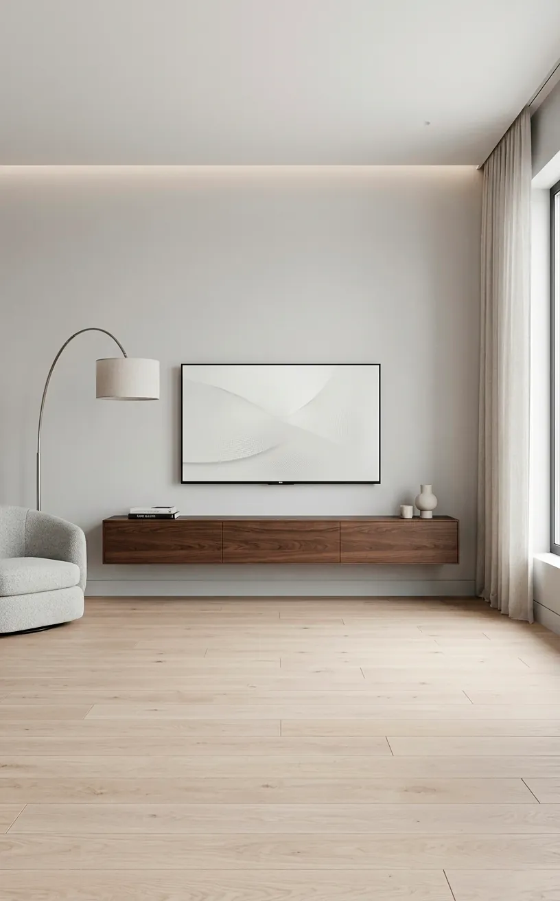 Minimalist living room with a dark wood floating console and clear floor space under the TV.