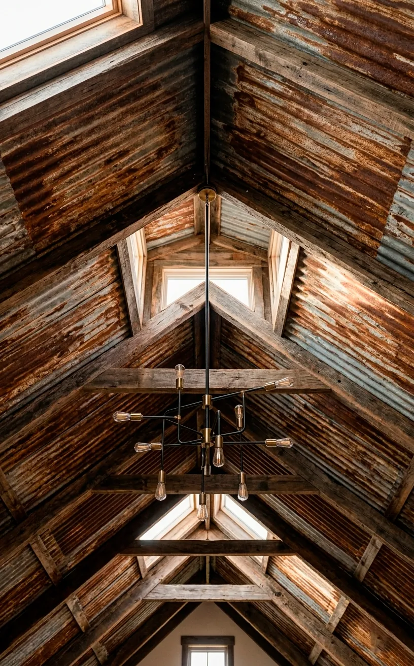 Industrial attic ceiling design featuring reclaimed corrugated metal and wood.