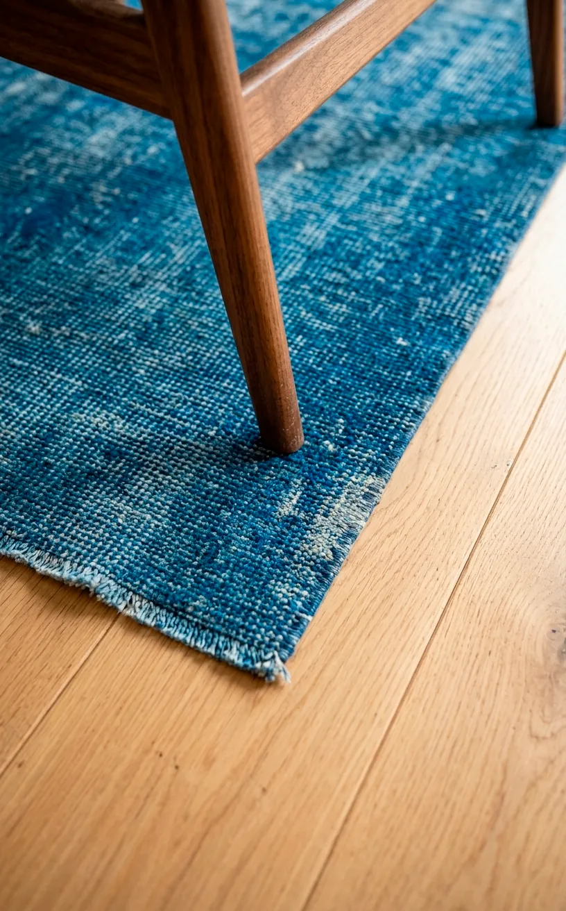 Close-up of the texture and weave of a distressed pastel blue area rug.