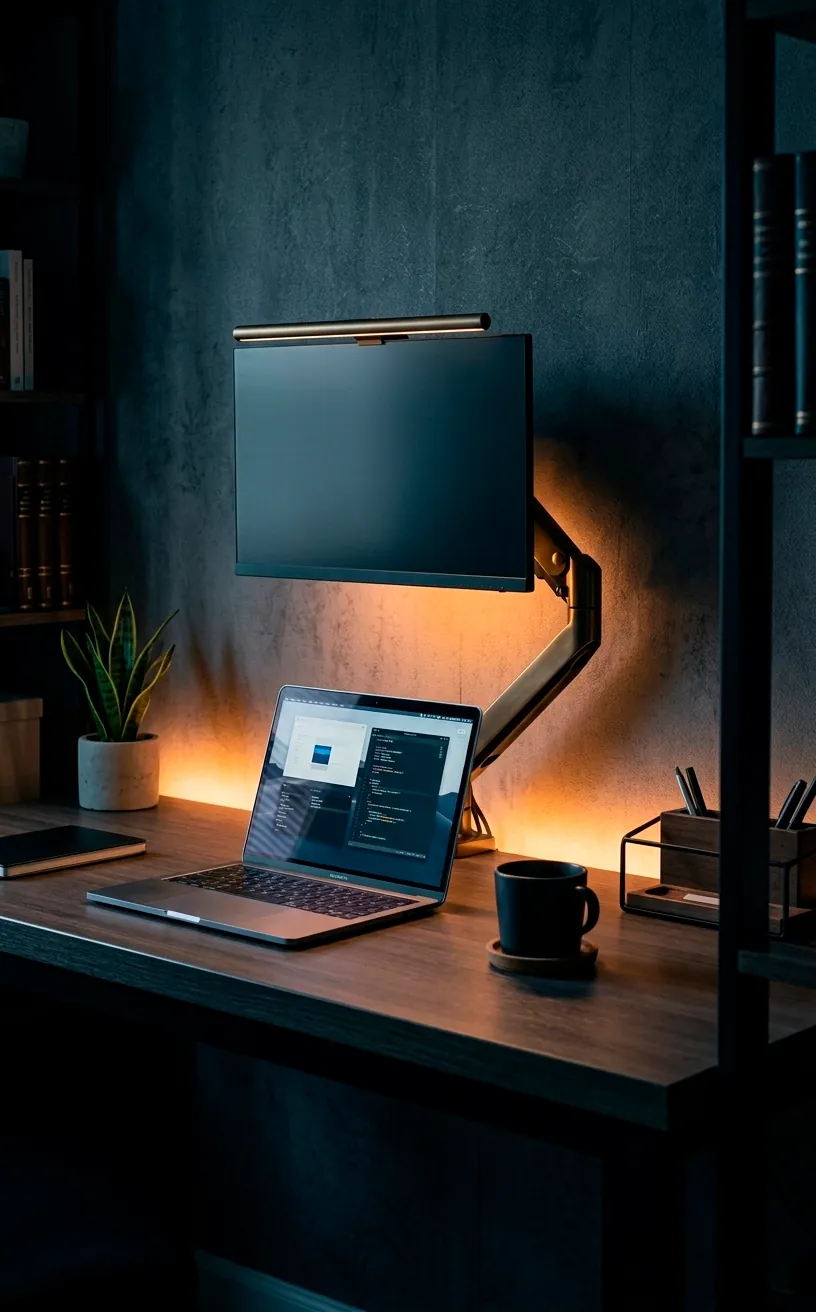 Home office with warm LED backlighting behind a wooden desk for a halo effect.