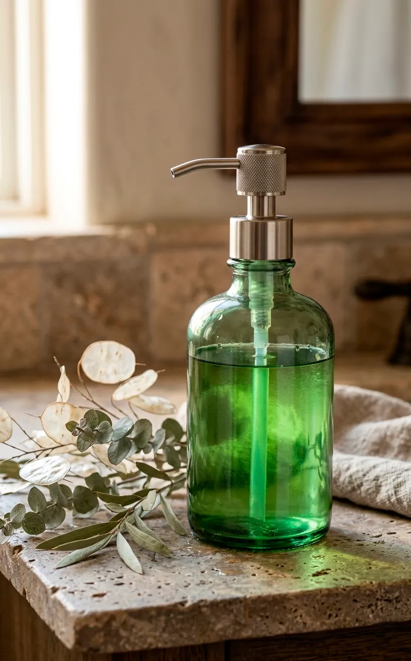 Close-up of a sage green glass soap dispenser with a metallic pump.