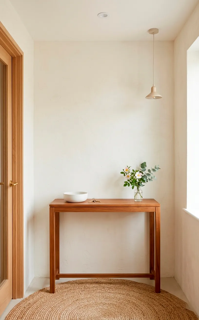 A well-organized and bright studio entryway with a console and jute rug.