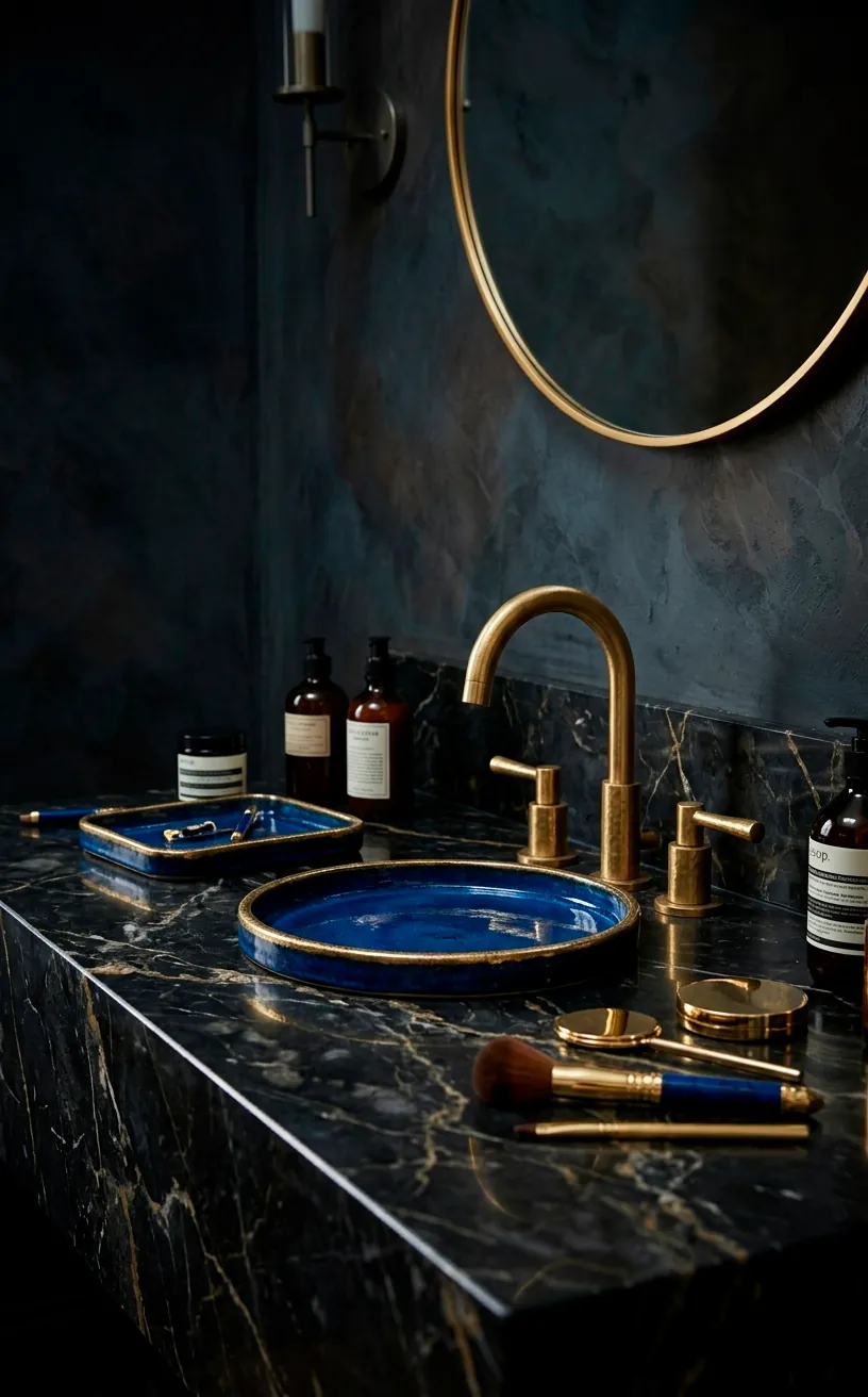 Black marble vanity with gold hardware and sapphire accents.