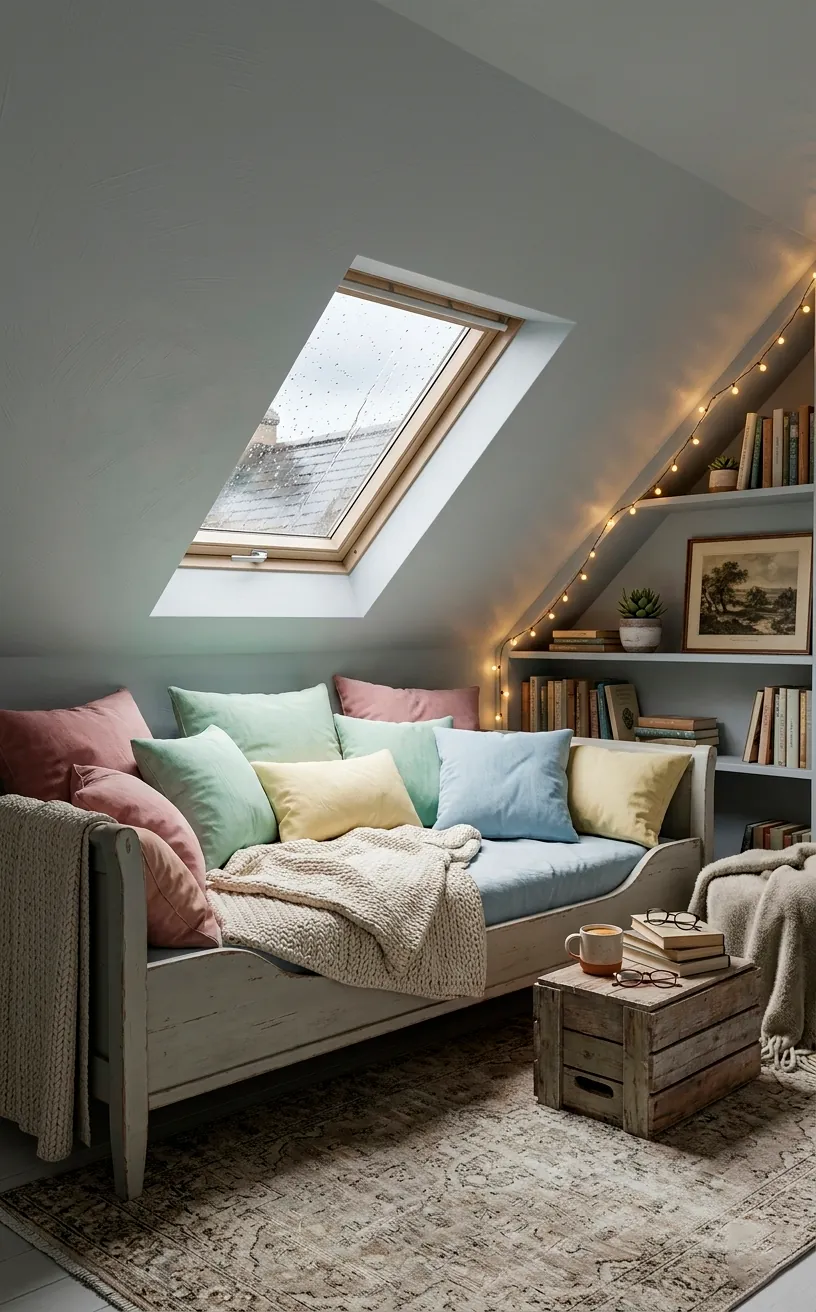 Attic reading nook with soft grey walls, a daybed, and a skylight on a rainy day.