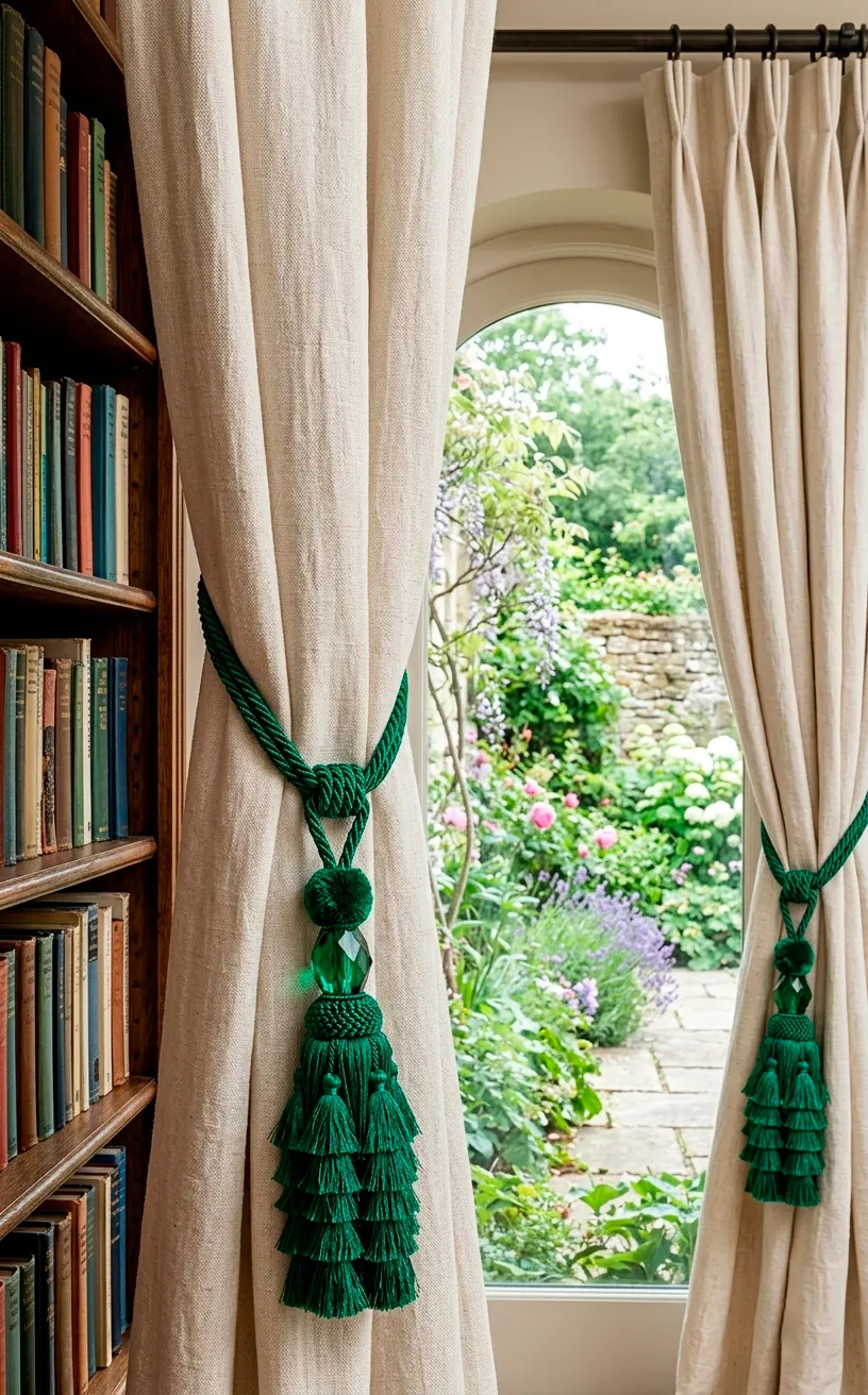 Cream curtains with large emerald green silk tassel tie-backs in a home library.