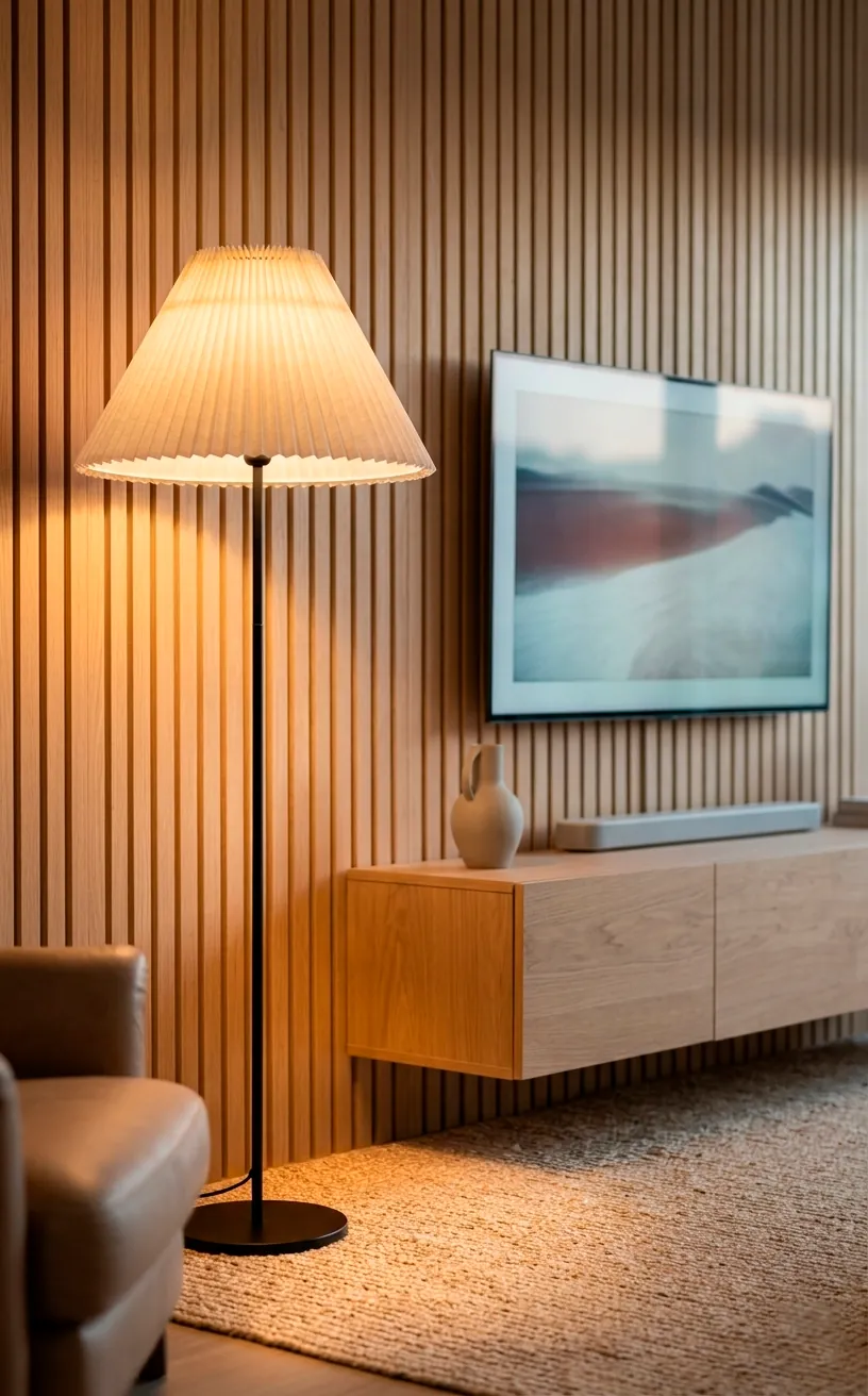 Linen floor lamp providing warm ambient light in a living room.