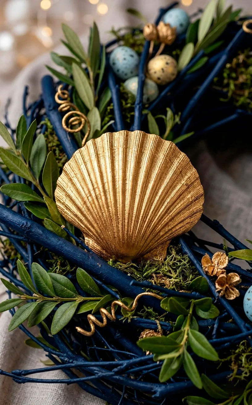 Close-up of gold seashells on a navy Easter wreath.