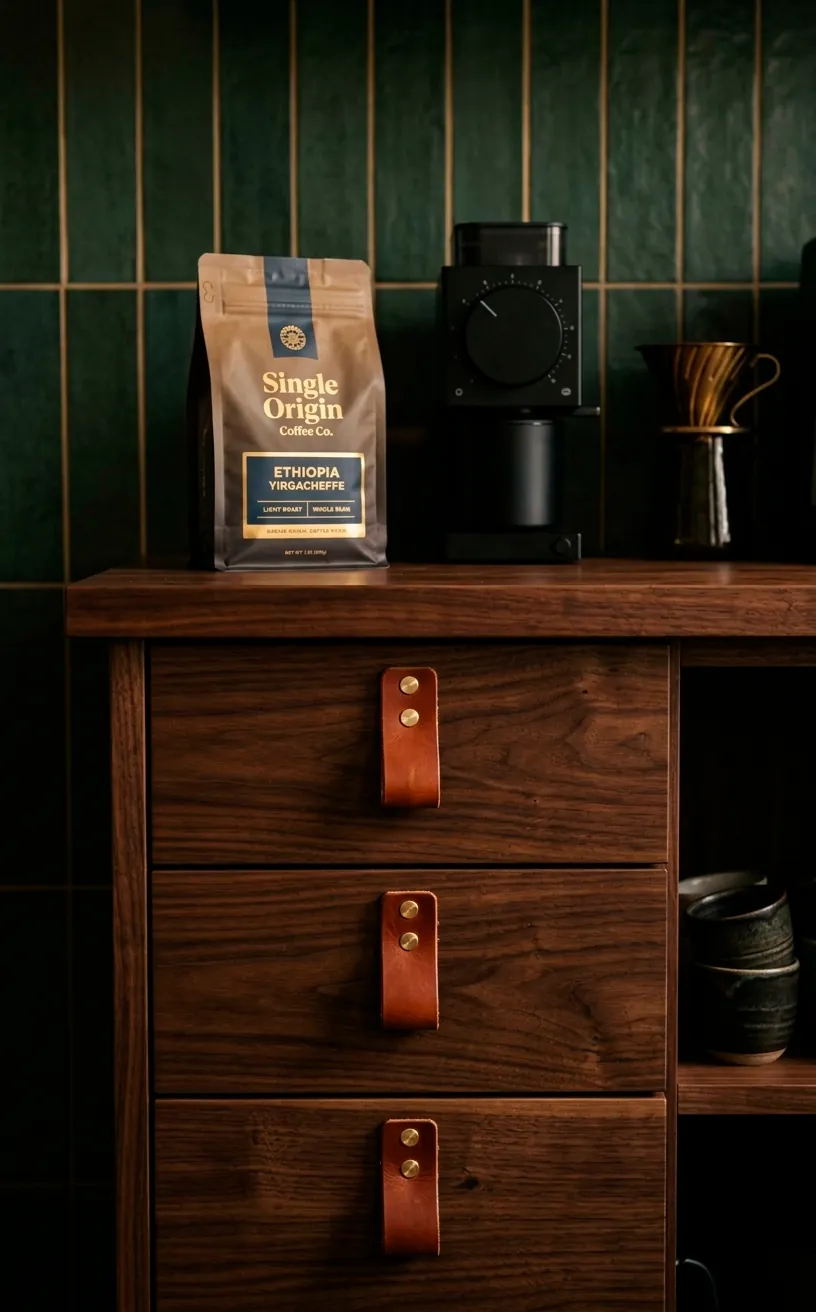 Dark walnut coffee bar drawers with cognac leather tab pulls.