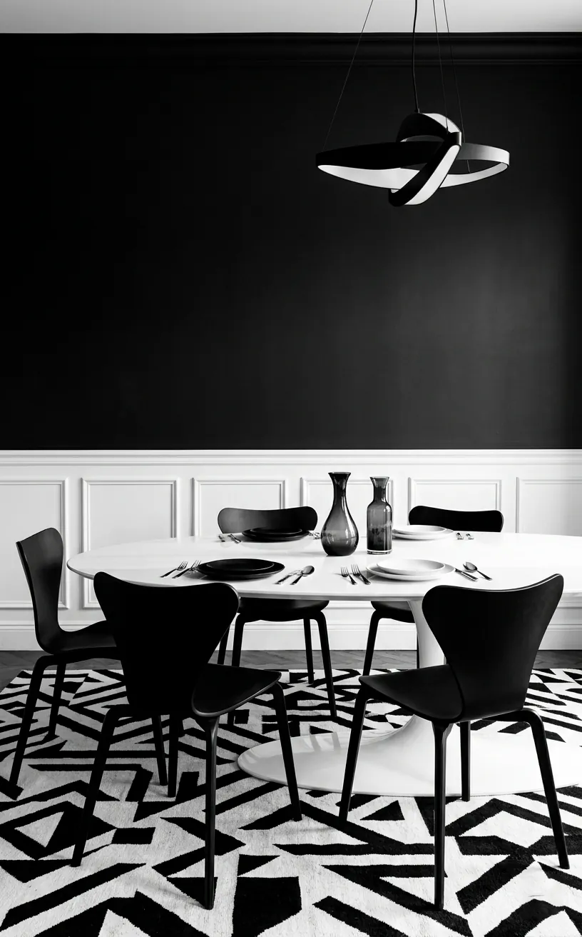 High-contrast black and white dining room with modern furniture.