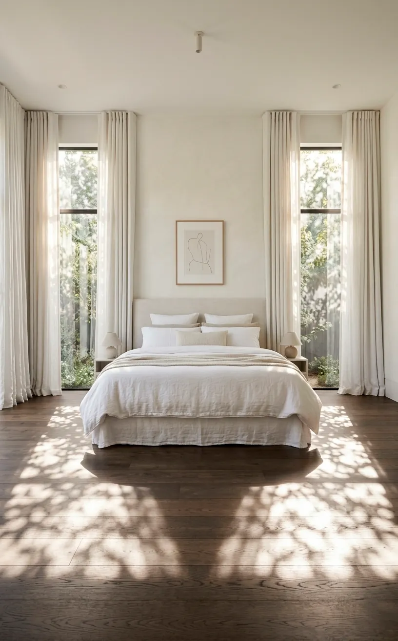 Luxury bedroom with bed centered between two large symmetrical windows.