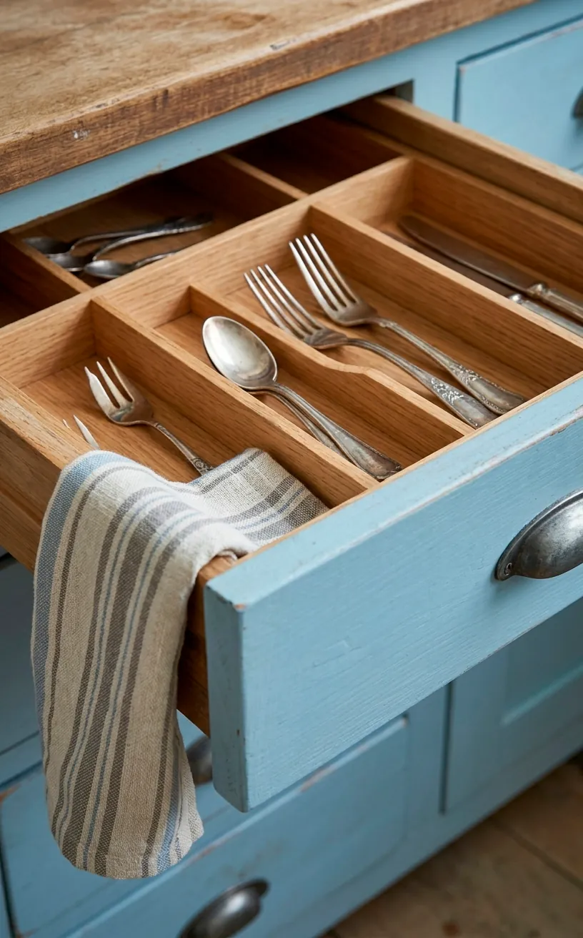 Powder blue kitchen drawer with silver cutlery and tea towel.