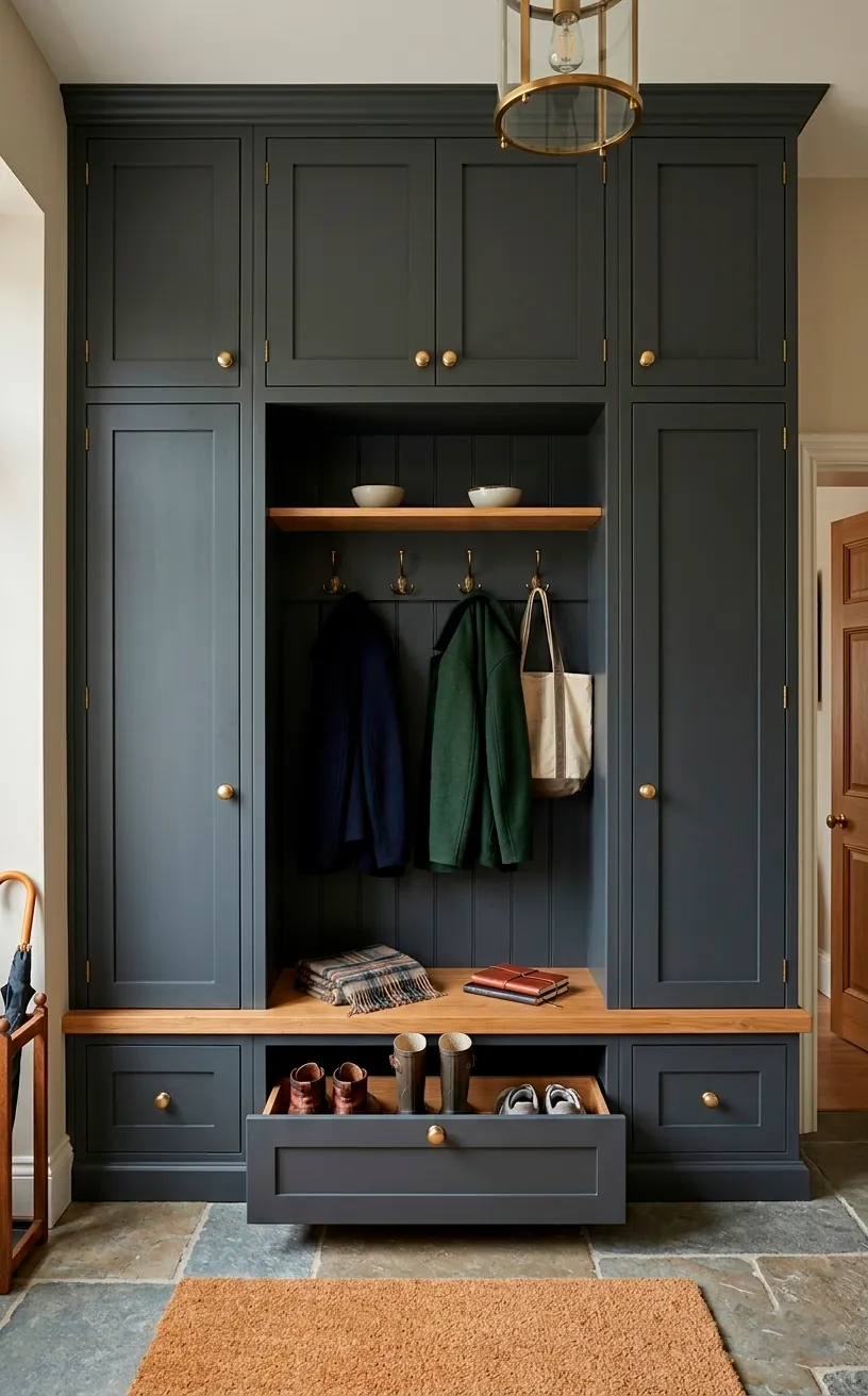 Built-in Shaker mudroom cabinets in charcoal gray with brass hardware.