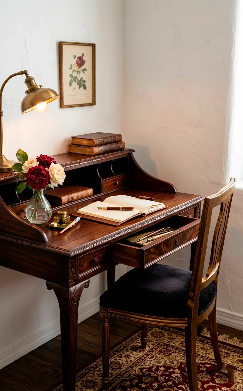 Small vintage writing desk and gold chair in a bedroom corner.