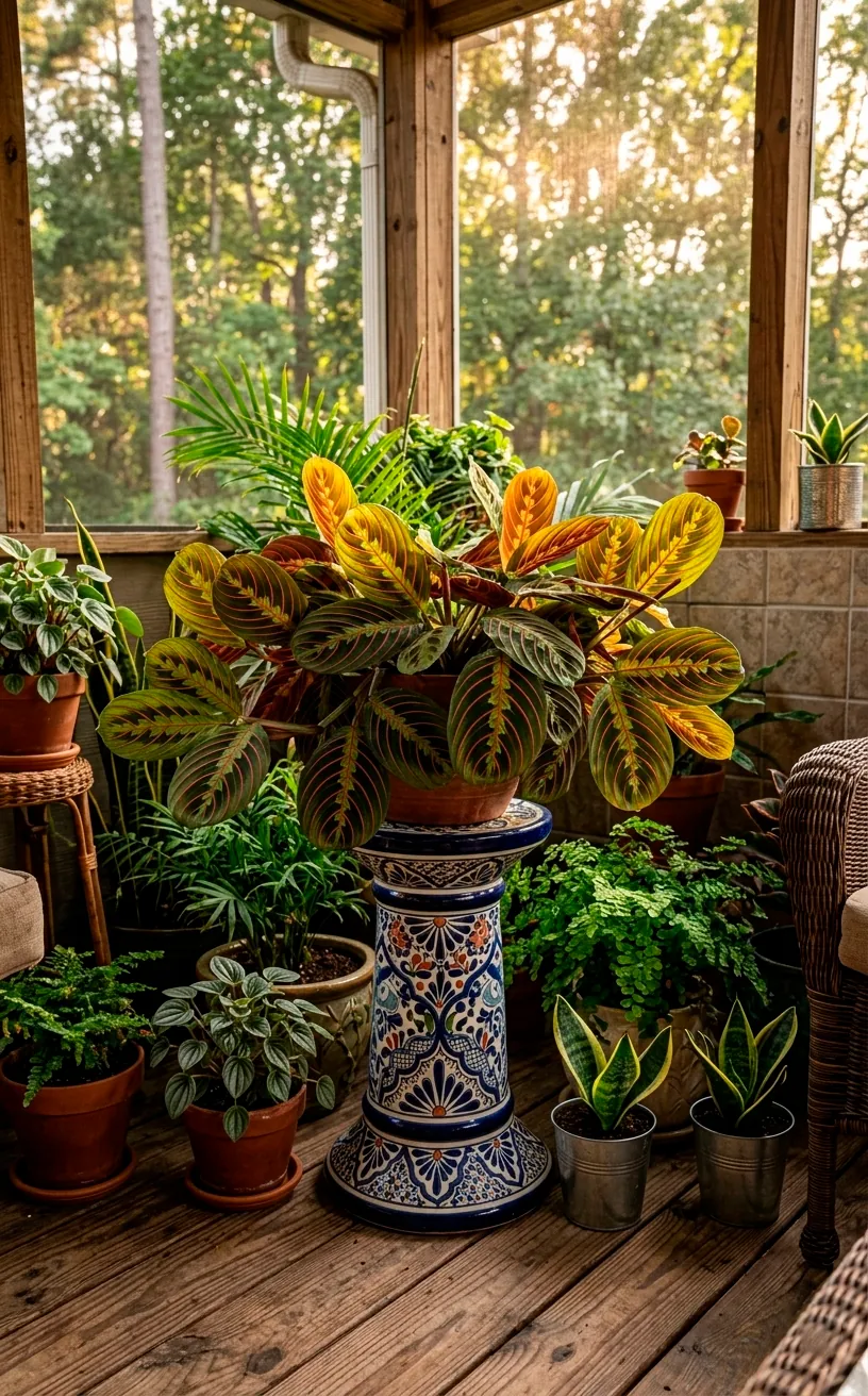 Vibrant Prayer Plant on a ceramic pedestal on a porch.