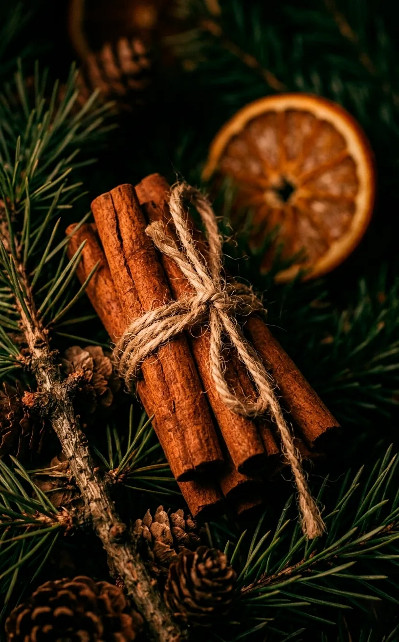 Cinnamon sticks tied with twine nestled in Christmas greenery.