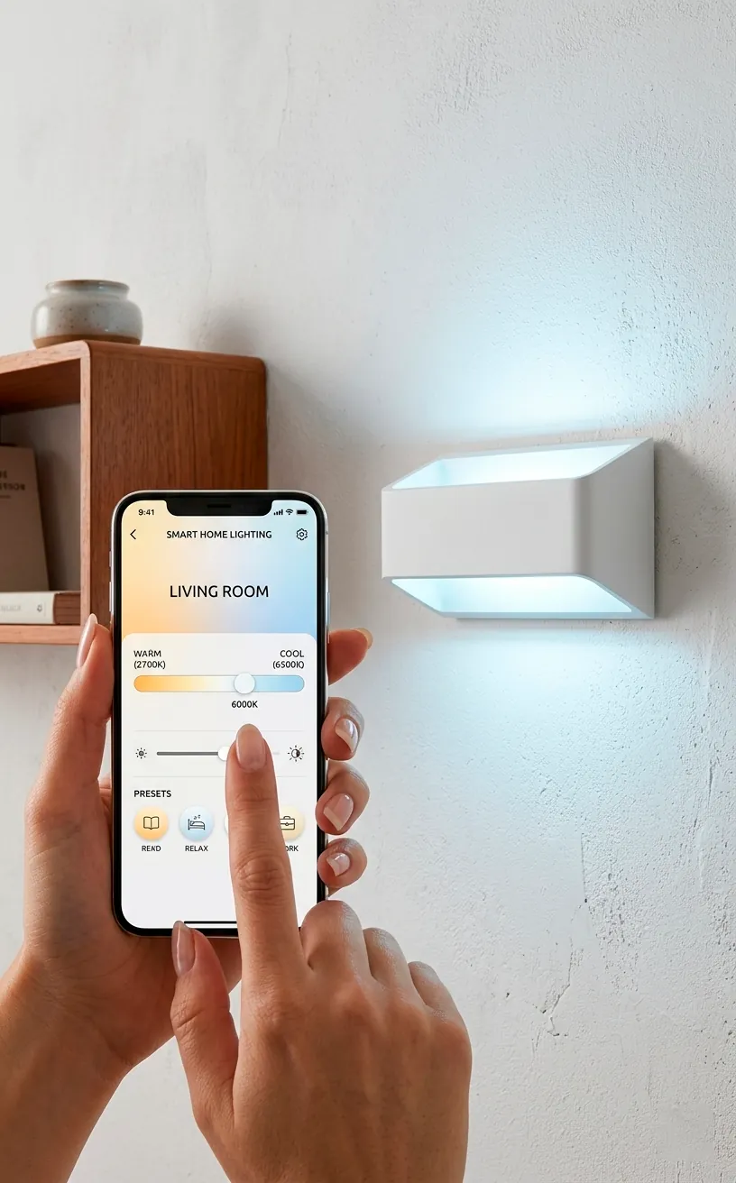 Smart lighting adjustment for a home fitness room on a white wall.