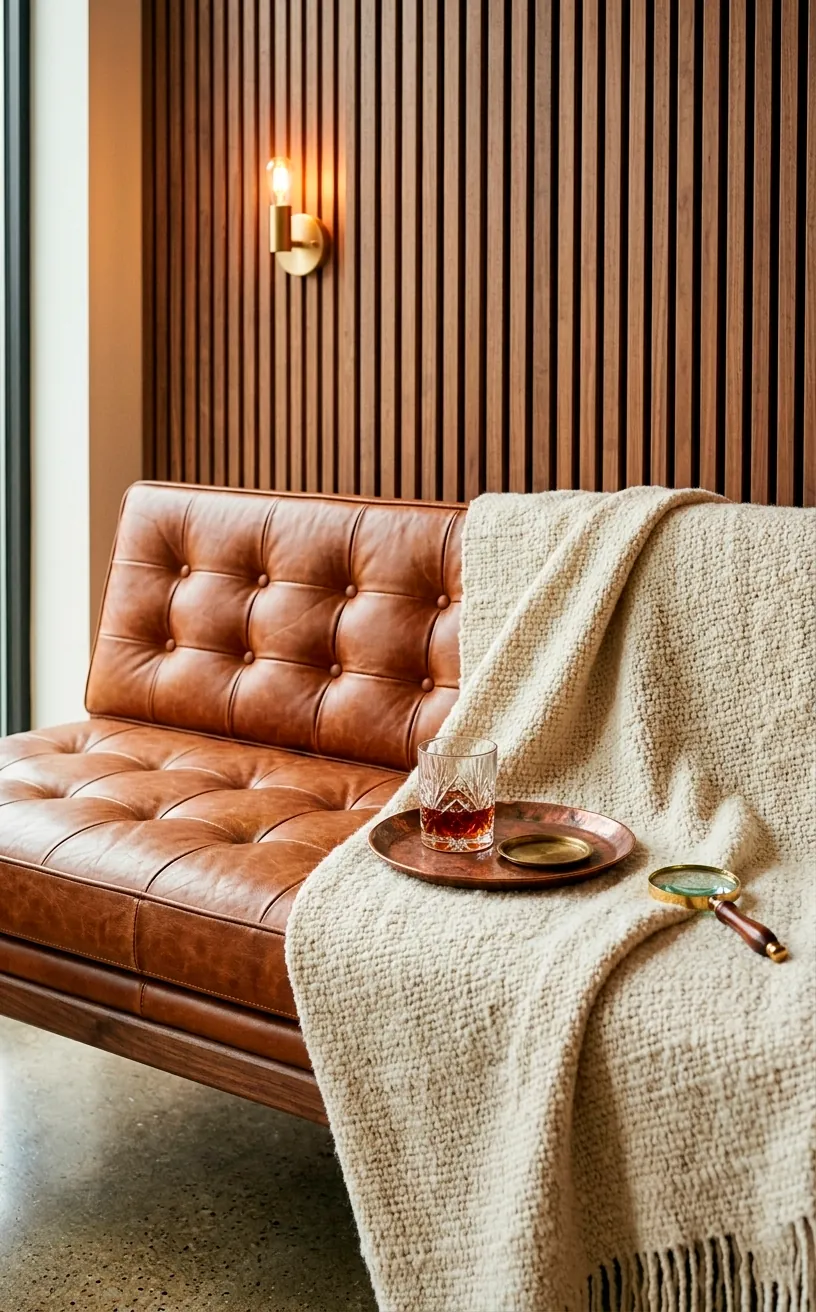 Cognac leather seating and wood slats in a luxury camper van.
