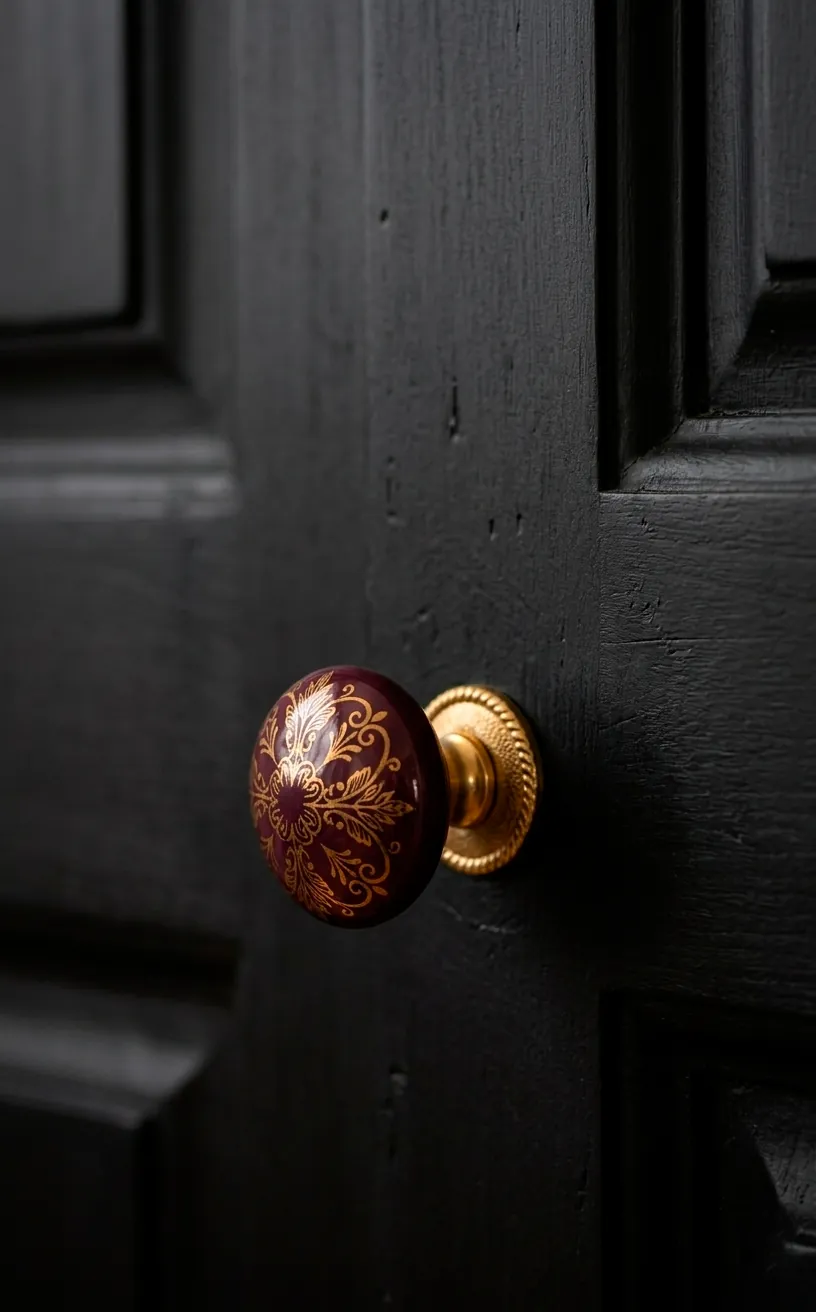 Detail of plum ceramic knob on a charcoal wood cabinet.