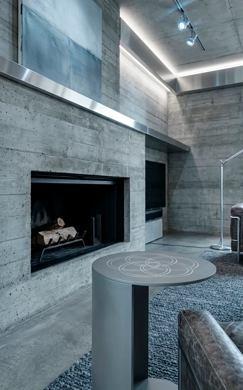 Matte grey side table with silver interlocking circles in an industrial-modern room.