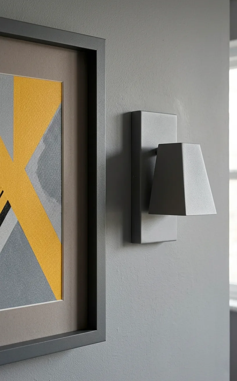 Close-up of framed yellow and grey abstract wall art next to a sleek wall light.