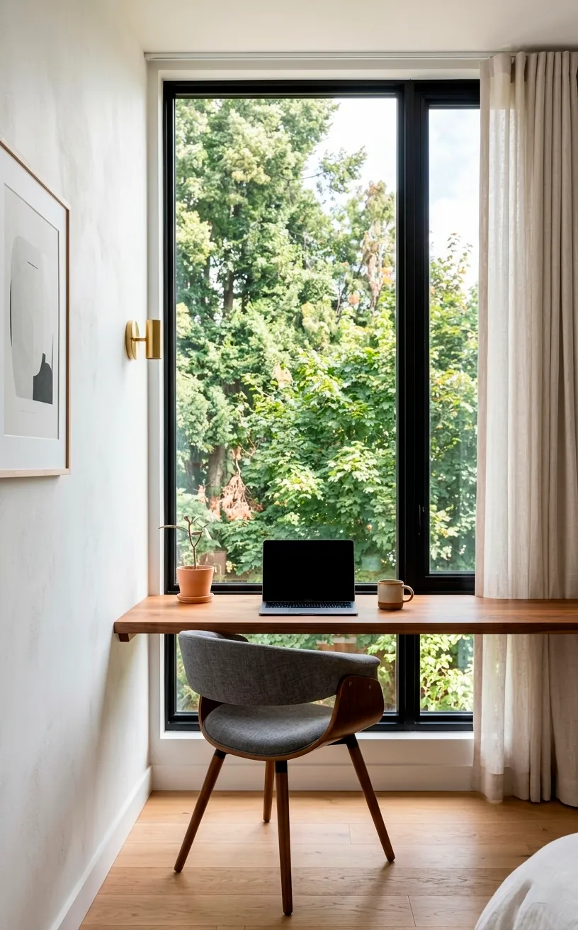 A custom wooden desk ledge installed under a large window in a bright guest room.