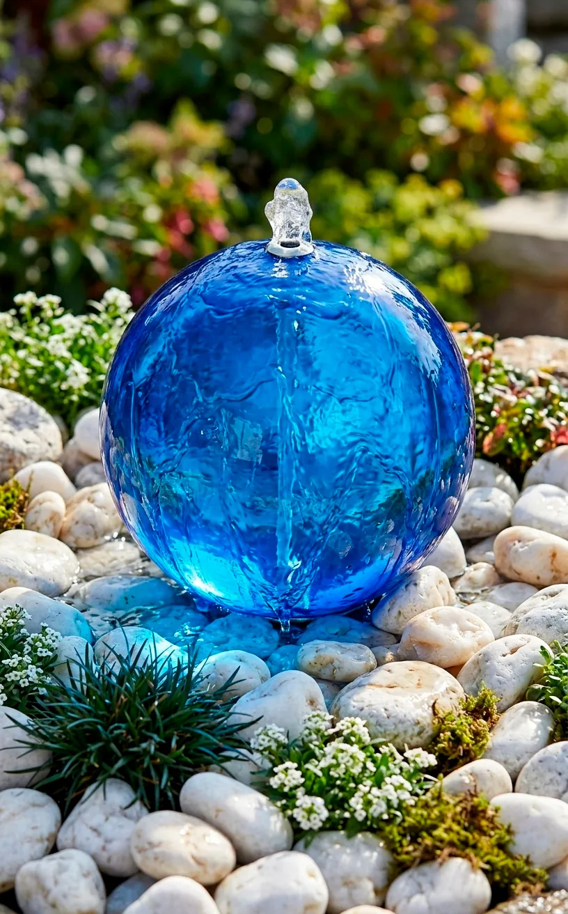 Glowy cobalt blue glass bubble fountain in a bed of white stones.