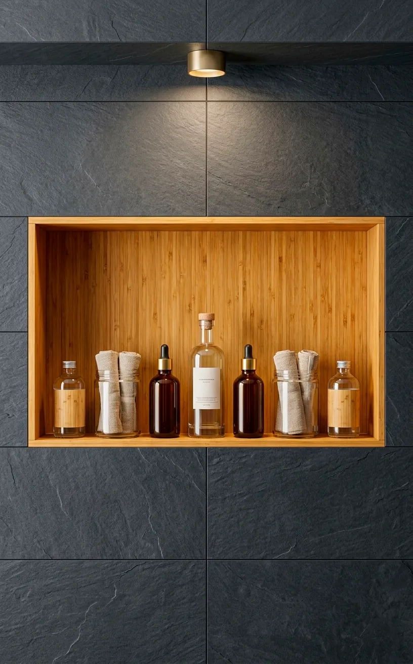 Built-in slate wall niche with bamboo lining holding minimalist glass apothecary bottles.