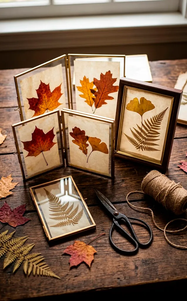 Pressed leaves in glass frames with vintage scissors on a wooden desk.