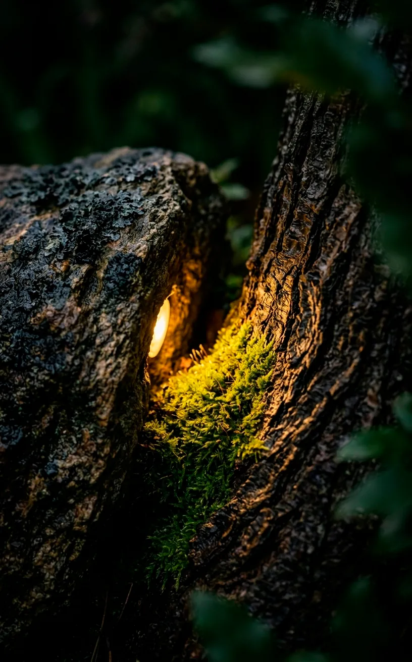 Hidden garden lighting highlighting moss and stone textures at night.